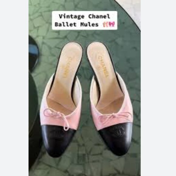 Chanel vintage cap toe leather kitten ballet mules shoes 39 8.5 9 - Picture 1 of 13